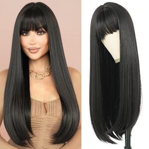 28in Black Wig with Black Roots Fiber Synthetic Wigs for Women